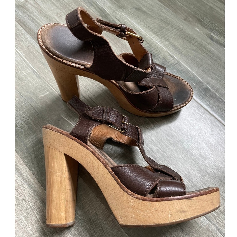 L'Autre Chose T-Strap Wooden Platform Clog Sandals Brown Leather Italy 36 US 36
